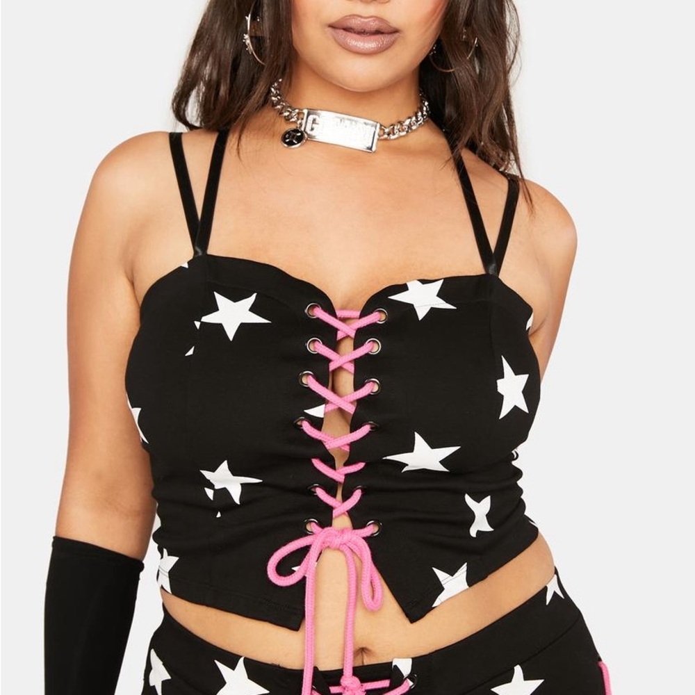 Black and White Star Print Lace-Up Top